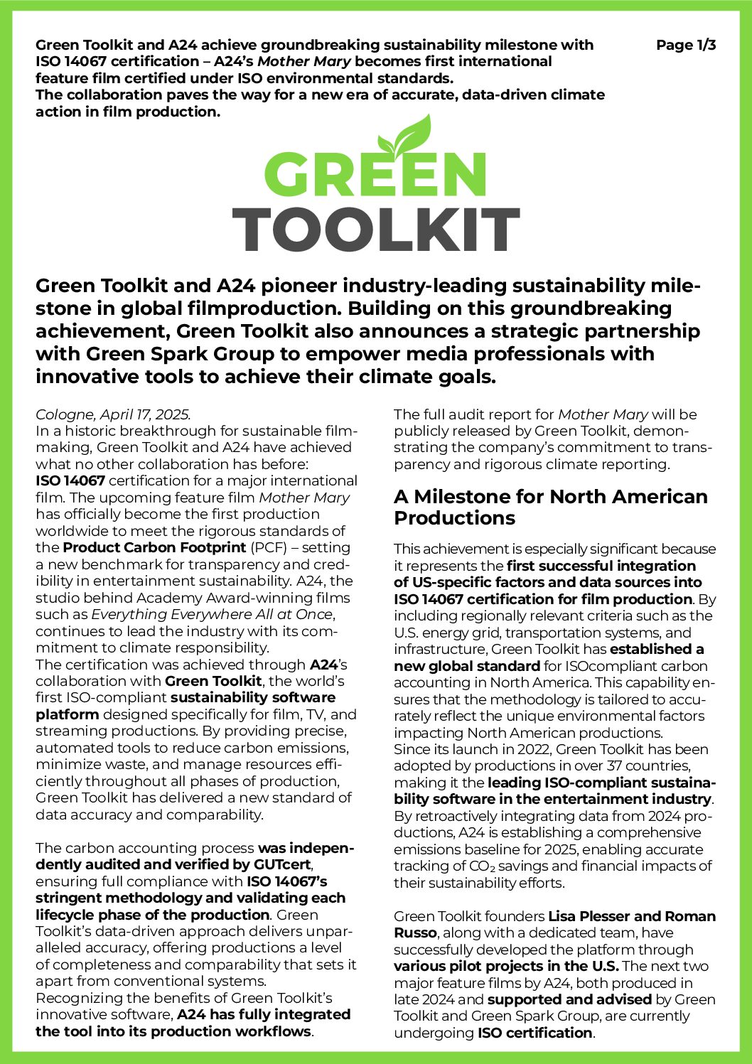 Green Toolkit and A24 achieve groundbreaking sustainability milestone with ISO 14067 certification – A24’s Mother Mary becomes first international feature film certified under ISO environmental standards. The collaboration paves the way for a new era of accurate, data­ driven climate action in film production.