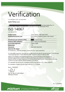ISO 14067 verification certificate for the film “Mother Mary” by A24, audited by GUTcert