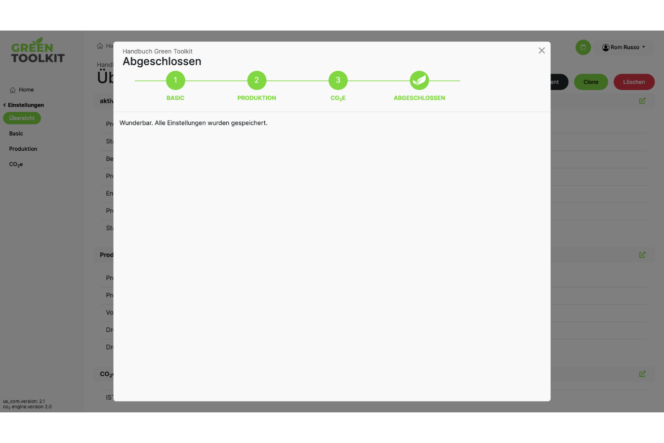 Green Toolkit Workflow: Basic → Production → CO2e → Abgeschlossen Green Toolkit Workflow-Stepper: Basic, Production, CO2e und Abgeschlossen in der Schrittfolge