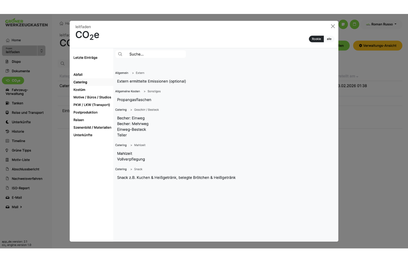 CO2e Kategorien in Green Toolkit CO2e Kategorien in Green Toolkit: Catering, Motive/Buros/Studios, Transport, Reisen, Unterkunfte und weitere Bereiche