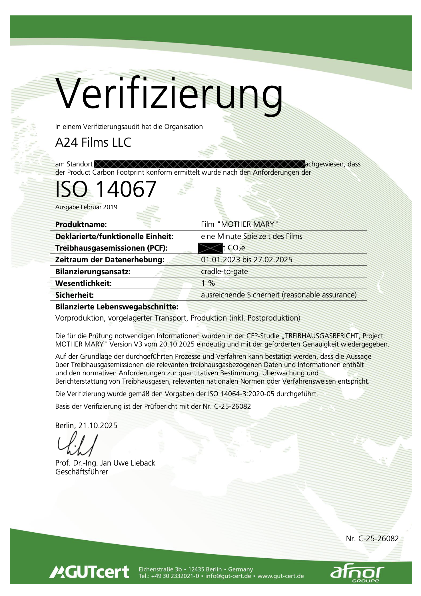 ISO 14067 Test Report zur Verifizierung des Product Carbon Footprint des Films „Mother Mary“ (A24 Films LLC), geprüft durch GUTcert (AFNOR Group), 2025